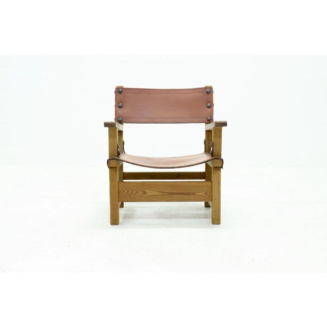 Mid-Century Modern Brutalist Armchair in Pine and Cognac Leather, 1960s For Sale - Image 3 of 11