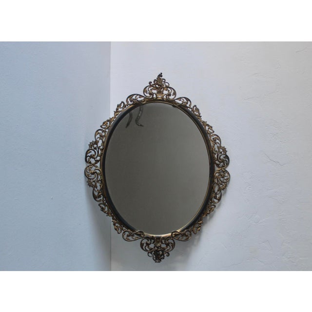 Baroque Vintage Italian Baroque Style Ornate Filigree Brass Oval Wall Mirror For Sale - Image 3 of 14