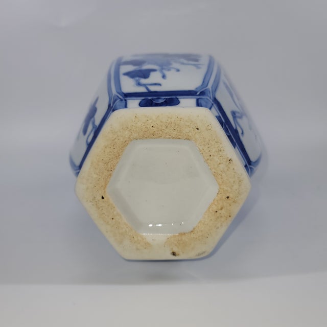 Vintage 19" Chinoiserie Hexagonal Blue & White Porcelain Vase With Hand-Carved Stand - Set of 2 For Sale In Austin - Image 6 of 10