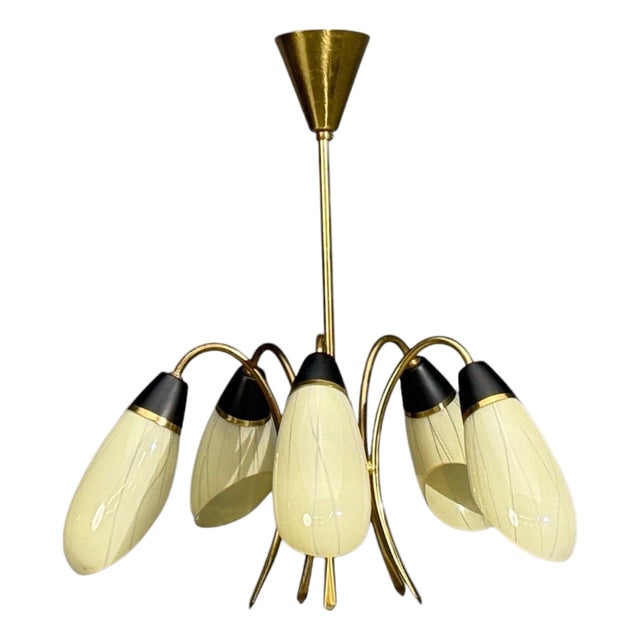 1950s Mid-Century Modern German Modern, Five-Light Chandelier, Brass, Metal, Glass For Sale