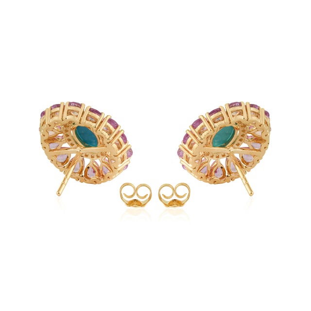 6.32ct Cabochon Turquoise Pink Sapphire & Diamond Floral Stud Earrings 14k Gold- A Pair For Sale - Image 10 of 13