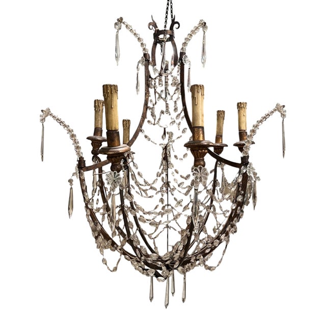 19th Century Italian Empire Giltwood & Iron Chandelier With Crystal Basket For Sale
