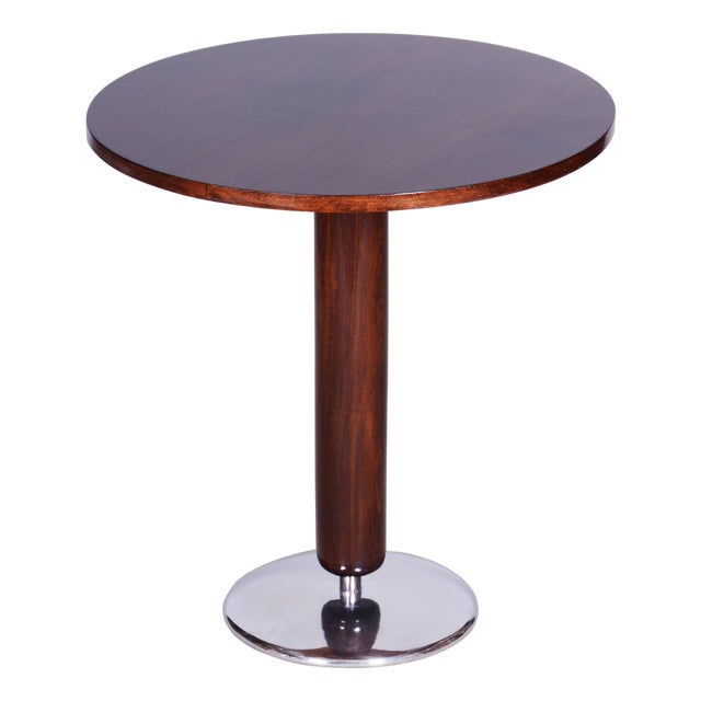 Art Deco Round Table in Walnut & Chrome attributed to Jindřich Halabala for Up Závody, Czech, 1930s For Sale