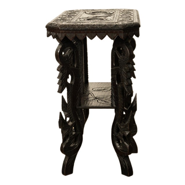 1900 - 1909 Antique Carved Anglo Indian Teak Wood Elephant Twin Tier Lamp Side Table 1900 For Sale - Image 5 of 17