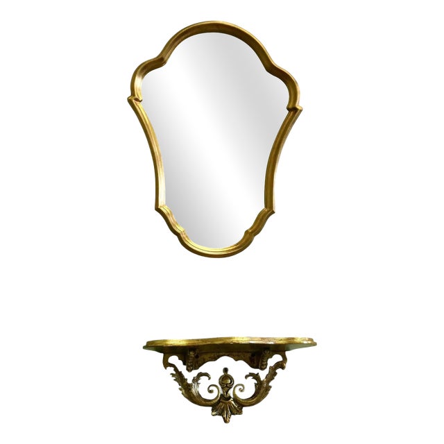 French Gilt Console Mirror with Matching Shelf, 1970, Set of 2 For Sale