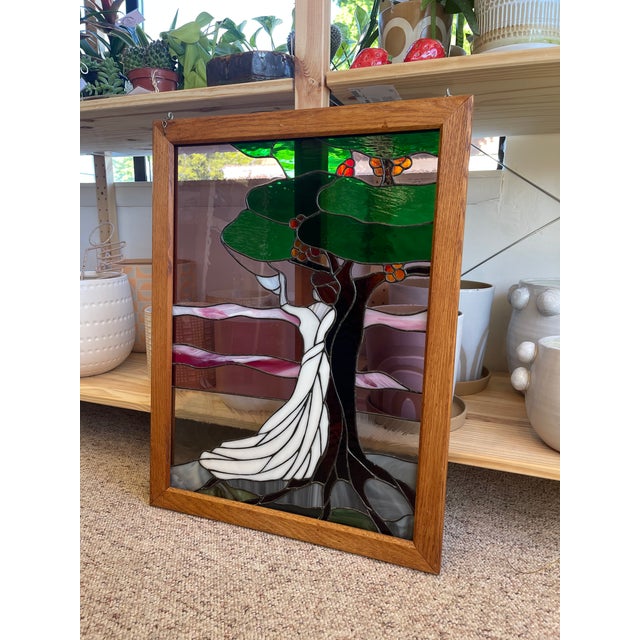 Vintage Stained Glass Art Panel Depicting Woman in Flowing White Dress Beneath Tree With Fruit, Framed in Wooden Oak Toned Frame For Sale - Image 4 of 10