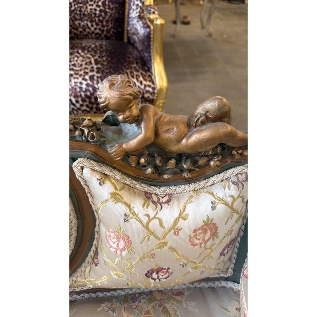 1960s Vintage Louis XVI Cherub Sofa Biege & Sage Green For Sale - Image 5 of 7