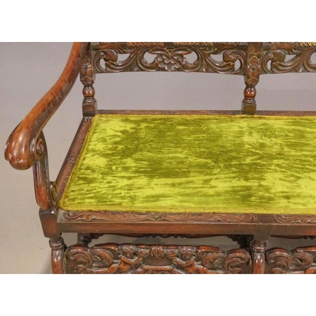 20th Century Jacobean Revival Style Carved Hardwood & Cane Three-Seat Settee For Sale - Image 9 of 12