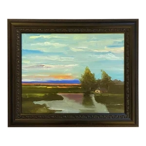 Oil Painting of an Evening Sunset Over a River, Framed