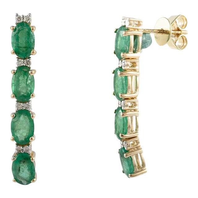 Art Deco 3.45ct Dark Green Emerald Art Deco 14k Gold Earrings With Diamond- A Pair For Sale - Image 3 of 8