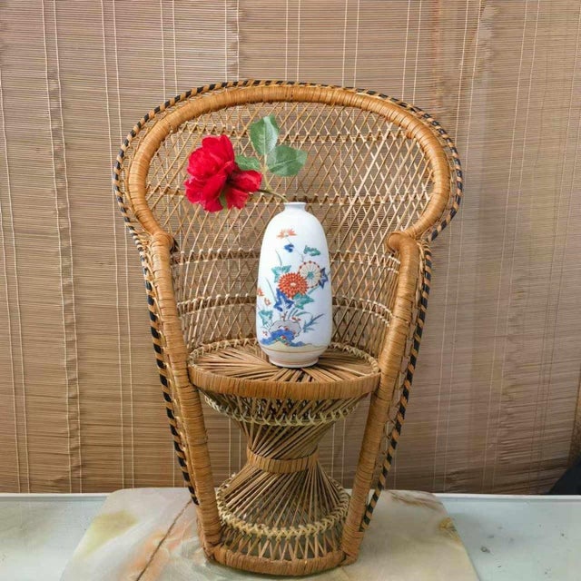 Vintage Japanese Hand-Woven Bamboo Peacock Chair Stand - Wabi Sabi Rattan Display Riser For Sale - Image 4 of 10