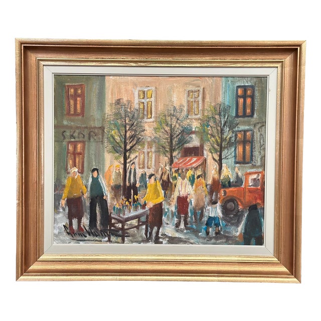 Arne Wallsten, Market Scene, 1960s, Oil Painting on Canvas, Framed For Sale