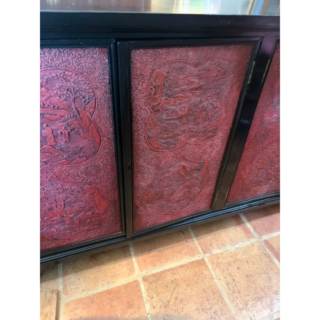 Wood 1950s Rare Large Asian Black Lacquer & Cinnabar Four Door Server, Console 70 Inch Long For Sale - Image 7 of 9