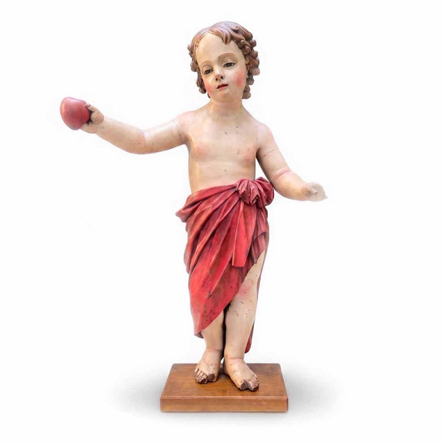 Italian Artist, Baby Jesus with Heart, 17th Century, Polychrome Lacquered Wood For Sale - Image 5 of 10