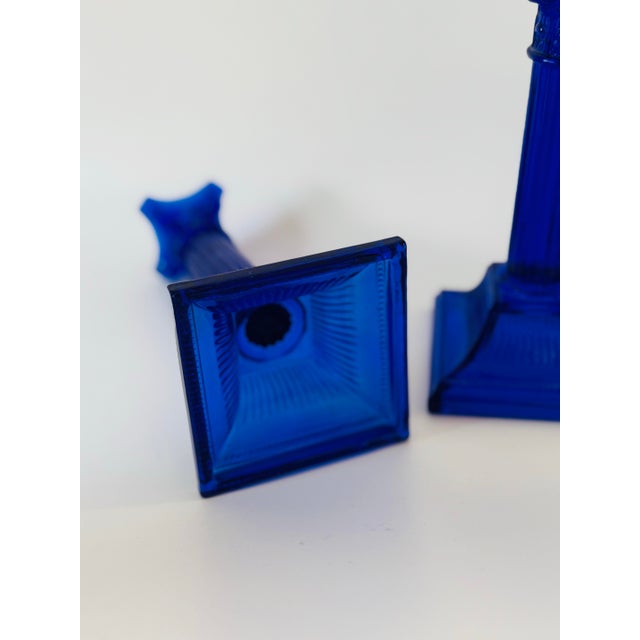 Vintage Cobalt Blue Glass Candlestick Holders – Neoclassical Column Design, Set of 2 For Sale In Boise - Image 6 of 6