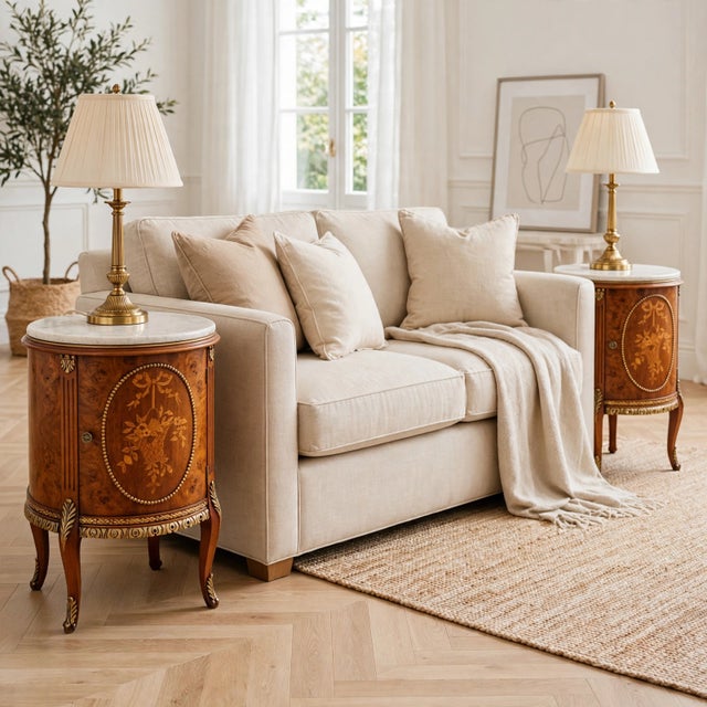 A beautiful pair of mid-century Louis XVI style circular Gueridons style commode side tables with a classic French...