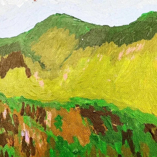 Vintage Green Mountain Landscape – Mid-Century Modern Oil Painting on Board For Sale - Image 4 of 11