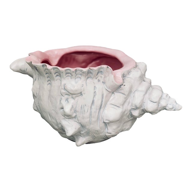 1978 Vintage Hollywood Regency Ceramic Conch Beach Shell Pink Coastal Cachepot, Planter For Sale