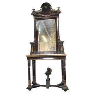 Console Table & Egyptomania Mirror in Polychrome Carved Wood, Madrasa Craft School, Early 20th-Century For Sale