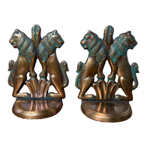 Vintage Pair Bronze Metal Lion Bookends