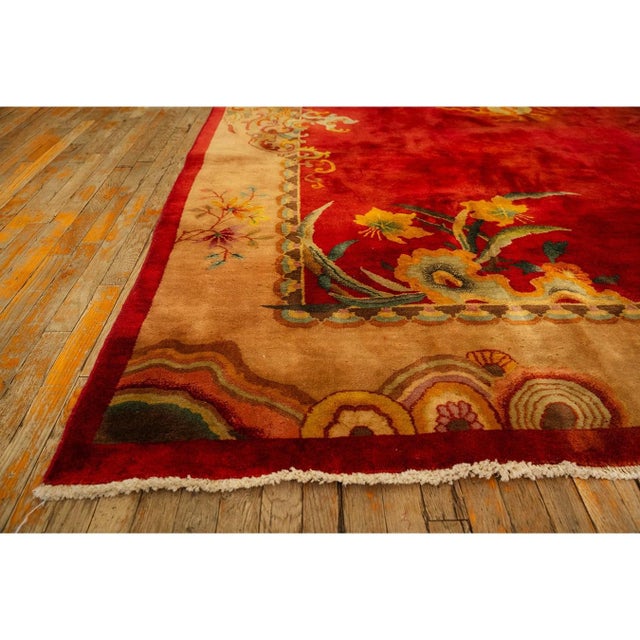 Textile 1920s Red Open Field 6Star Room Size Antique Chinese Knotted Wool Art Deco Rug For Sale - Image 7 of 11