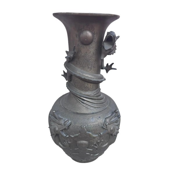 Antique Signed Asian Bronze Dragon Vase - Pair This pair of antique Asian bronze vases are decorated with sculpted...