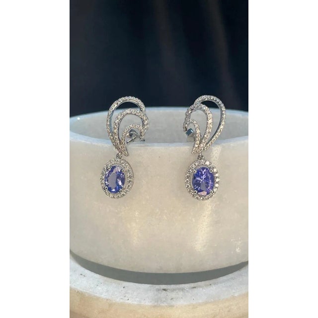 Art Deco 1.98 Carat Tanzanite and Diamond Climber Drop Earrings in 14k White Gold- 2 Pieces For Sale - Image 3 of 13