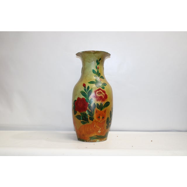 Our vase is has a detailed hand-painted Floral motif with a Taby Kitty over a tan-toned surface. The curved form is both...