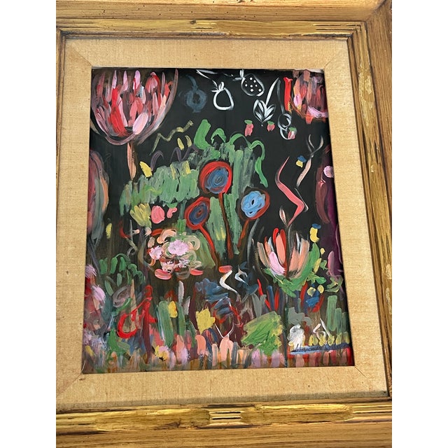 Abstract modern acrylic on brown paper painting signed by artist Mariana Shulga in antique gold tone frame.