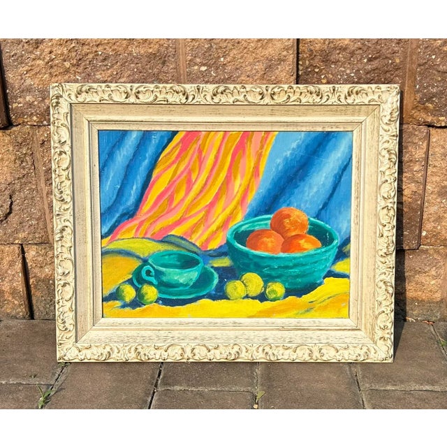 1960s Vintage Impressionist Still-Life Oil Painting Bright Colors Oranges Yellow & Blue For Sale - Image 5 of 5