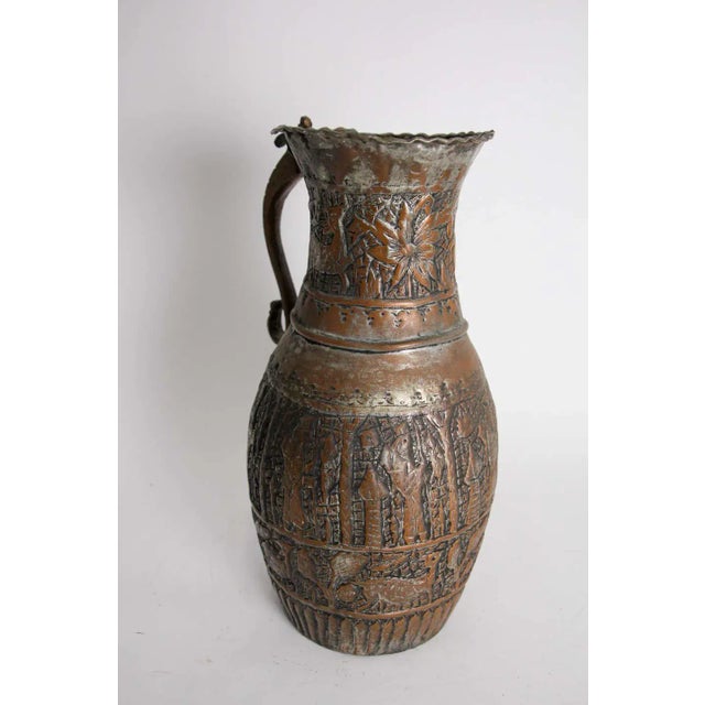 Figurative Antique Middle Eastern Islamic Tinned Copper Ewer For Sale - Image 3 of 13