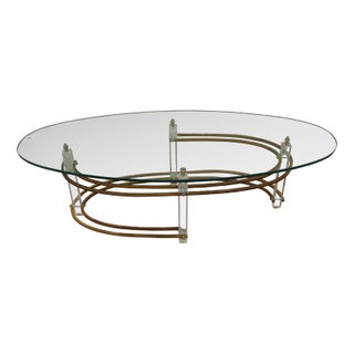 Lucite & Brass Based Oval Coffee Table For Sale