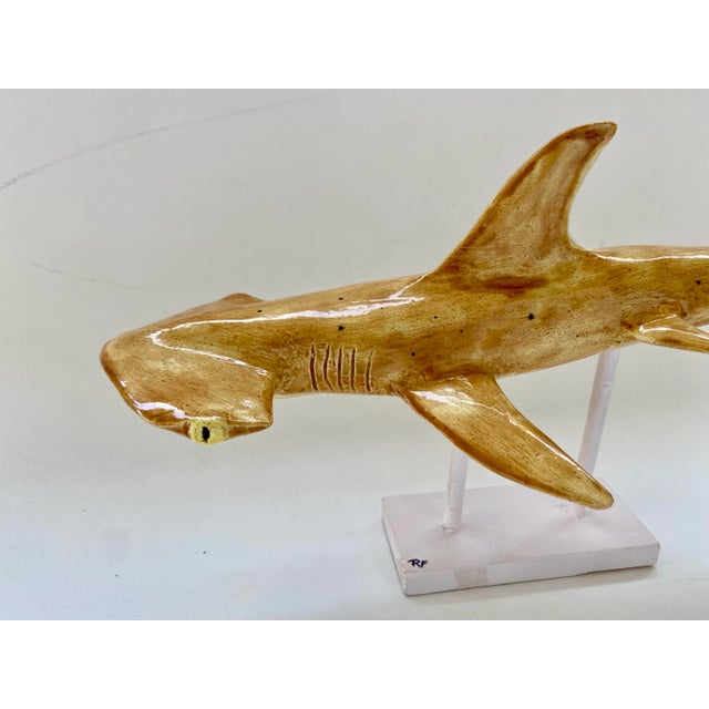 Hand-Made Sculptural Glazed Ceramic Hammerhead Shark on Stand by Rexx Fischer Offered for sale is a hand-made sculptural...