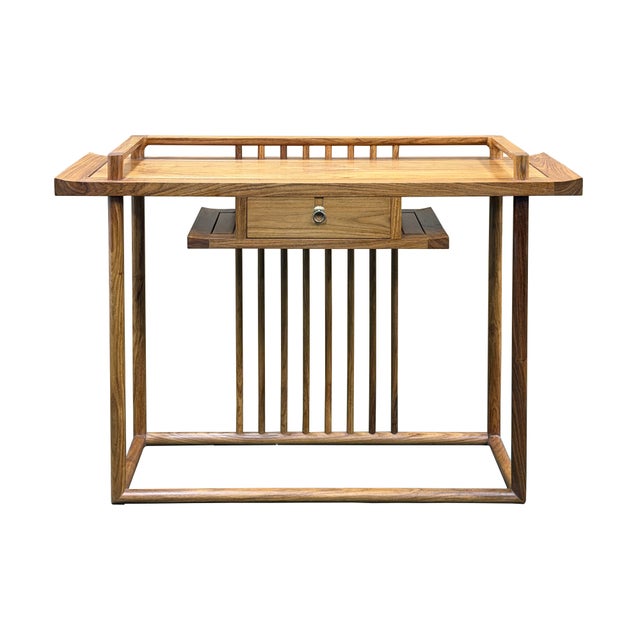 Simple Oriental Minimalistic Natural Wood Console Side Table Desk For Sale - Image 4 of 14