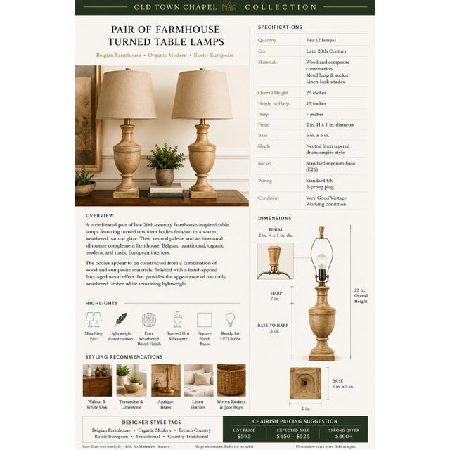 Pair of French Country Turned Urn Table Lamps with Weathered Wood-Inspired Finish and Linen Shades Bring timeless warmth...