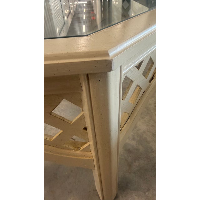 Cream Vintage Broyhill Natural Wood Octagonal Lattice Glass Top Regency Coffee Table For Sale - Image 8 of 10