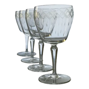Vintage Art Deco Cut Crystal Wine Glasses- Set of 4
