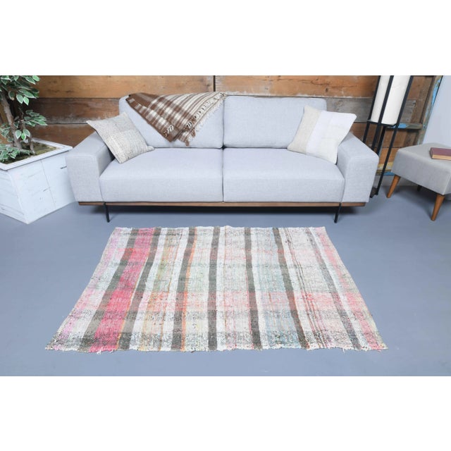 Boho Chic Vintage Turkish Hand-Knotted Wool Cotton Beige Small Kilim Area Rug For Sale - Image 3 of 11