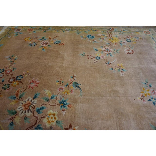 1920s Beige Field Modern Floral Antique Chinese Art Deco Walter Nichols Rug For Sale - Image 9 of 10
