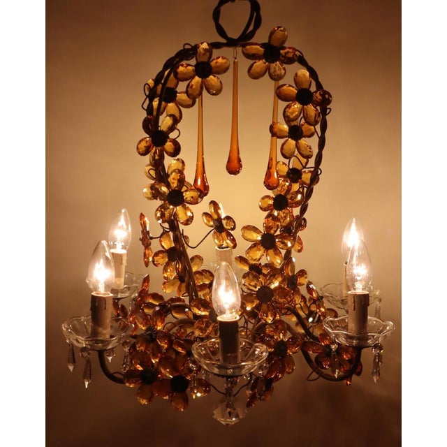 Flower Basket Chandelier with Amber Color Crystals, 1950s For Sale - Image 13 of 18
