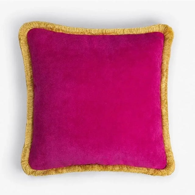 Contemporary Happy Cushion in Fuchsia and Yellow from Lo Decor For Sale - Image 3 of 3