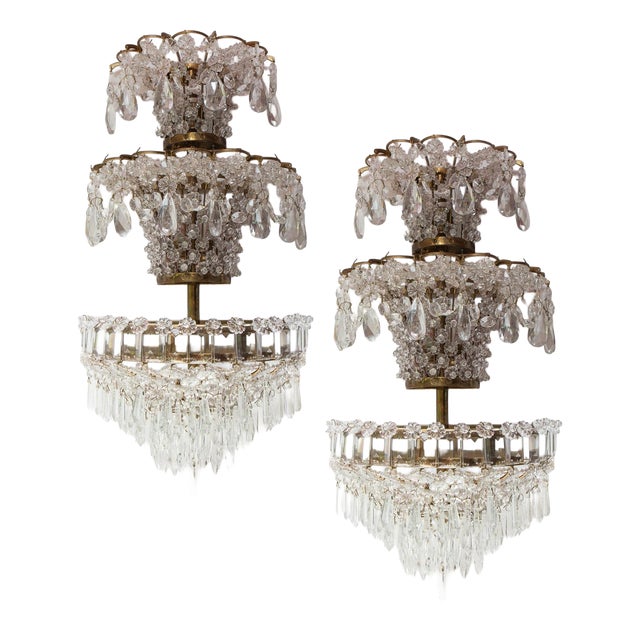 Large French Wall Sconces in Brass and Crystal, 1940s, Set of 2 For Sale