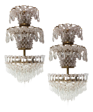Large French Wall Sconces in Brass and Crystal, 1940s, Set of 2