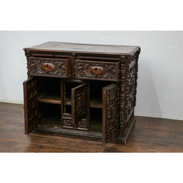 Brown Spanish Renaissance 1680s Walnut Spice Cabinet with Foliage Carved Décor For Sale - Image 8 of 12