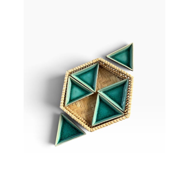 Mid 20th Century Vintage Rattan Tray With Turquoise Geometric Ceramic Inserts Divided Serving Dish For Sale - Image 5 of 5