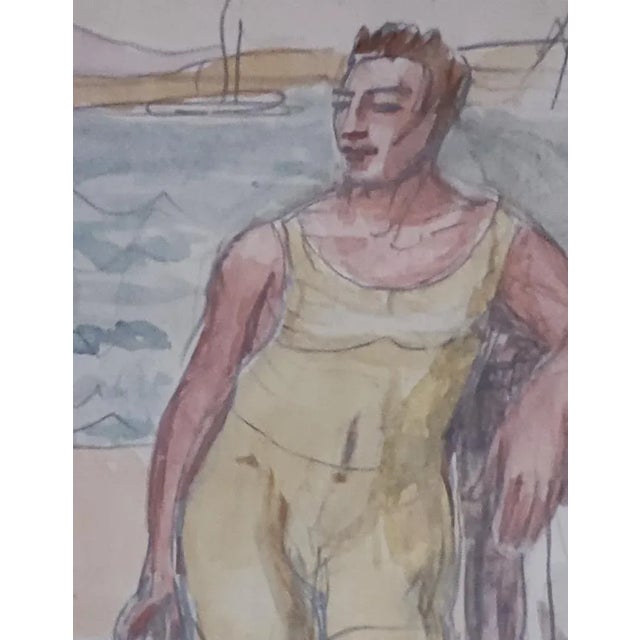 Modern Armand Cacheux, Retour de baignade à la plage, Watercolor and Crayon on Paper, Framed For Sale - Image 3 of 9