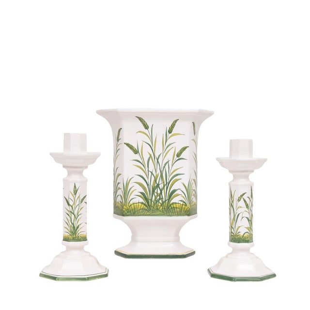 Very nice set of 3 Bassano Ceramics , 2 candlesticks and a Jardiniere . hand painted , Manufactured by Bassano Italy 1970s...