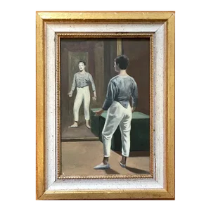 Modernist French Oil Painting Portrait of a Mime Artist or Clown Gazing in the Mirror Mid-Century