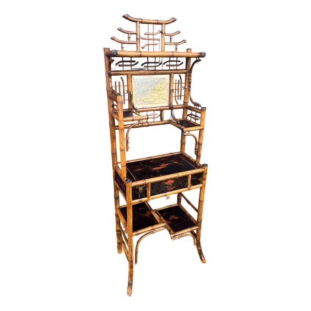 Bamboo Etagere With Pagoda Top and Chinoiserie Panels, 19th Century For Sale