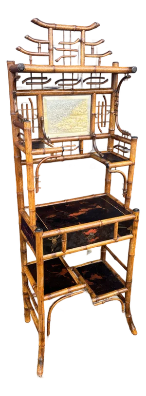 Bamboo Etagere With Pagoda Top and Chinoiserie Panels, 19th Century